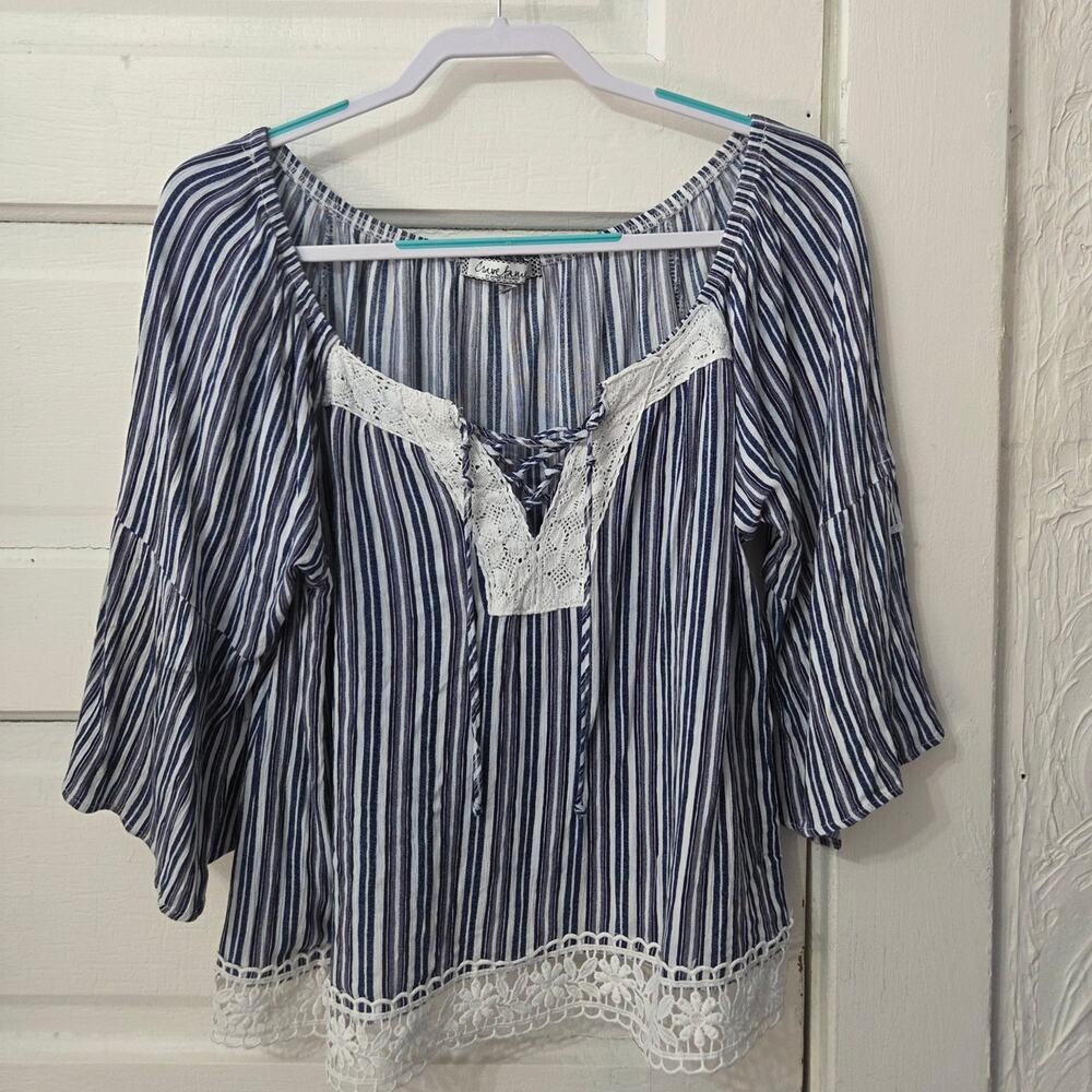 Crave Fame by Almost Famous Woman's Blue and White Striped Blouse size L